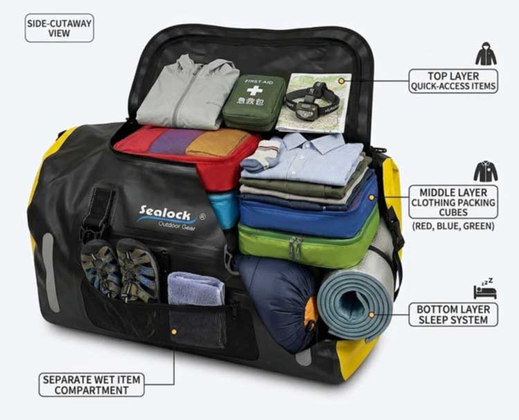 Capacidad de embalaje de bolsa de lona impermeable de 60 litros y aplicaciones en exteriores