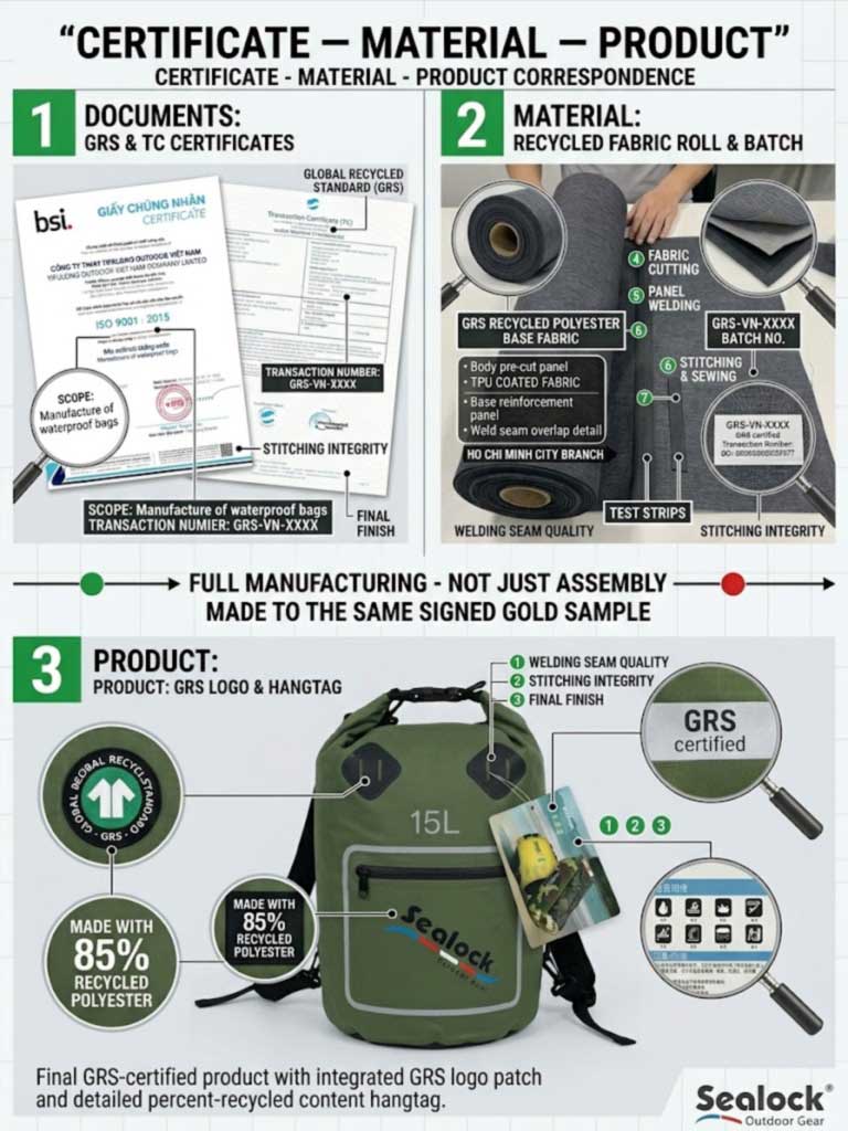 Bolsas impermeables recicladas GRS para marcas de exterior sostenibles