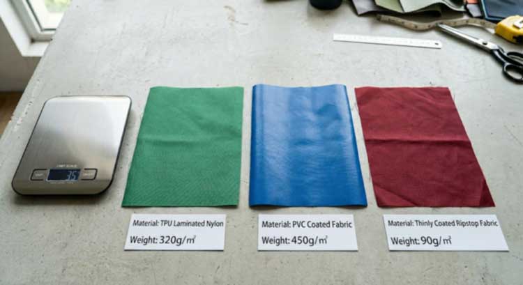 Material swatch comparison for a lightweight waterproof backpack: TPU, PVC and coated nylon