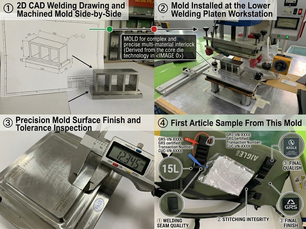 2D weld pattern drawing beside the machined copper die, die mounted on its jig plate, precision surface detail, and the first article welded from it