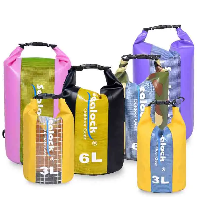 Bolsa seca impermeable con tapa enrollable de PVC con ventana transparente y correa para el hombro de liberación rápida